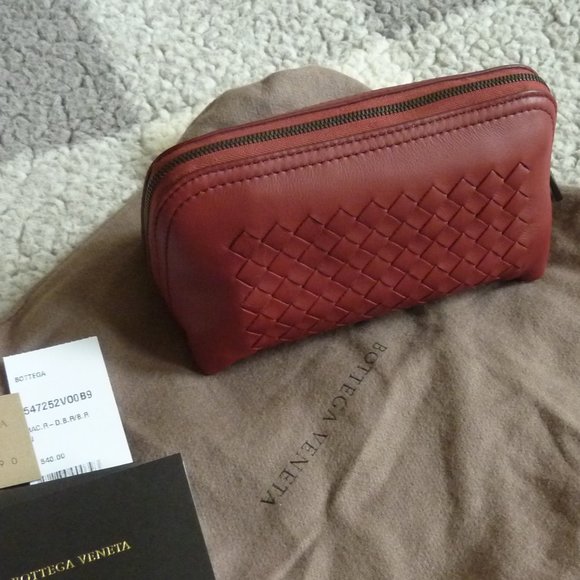 Bottega Veneta Handbags - Bottega Veneta Red Intrecciato Zip Cosmetic Pouch